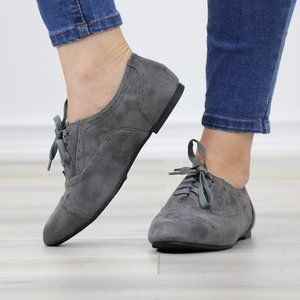Grey Faux Suede Lace up Flat Heel Oxford Style Shoes